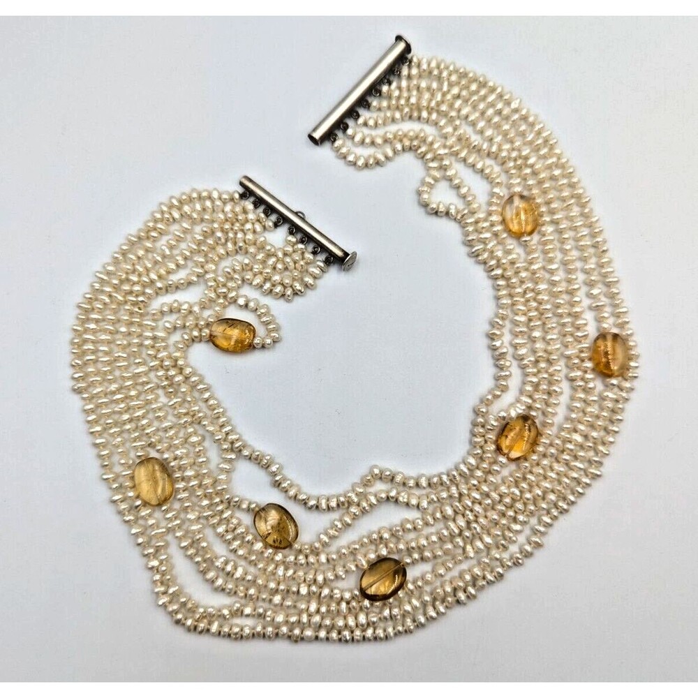 Vintage Rice Pearl Citrine Beads Multi Strand Necklace Sterling Silver 925 Clasp